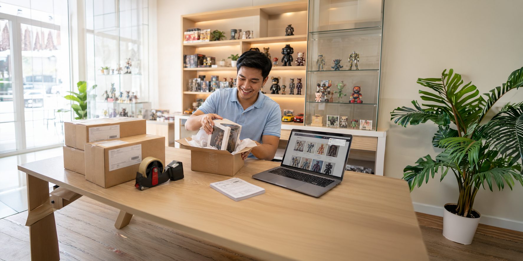 An SME owner managing their online store on a laptop